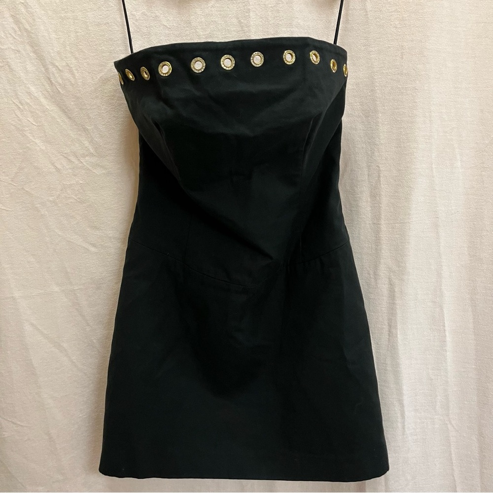 Versace Black Strapless Mini Dress with Gold Rhinestone Grommets XS
